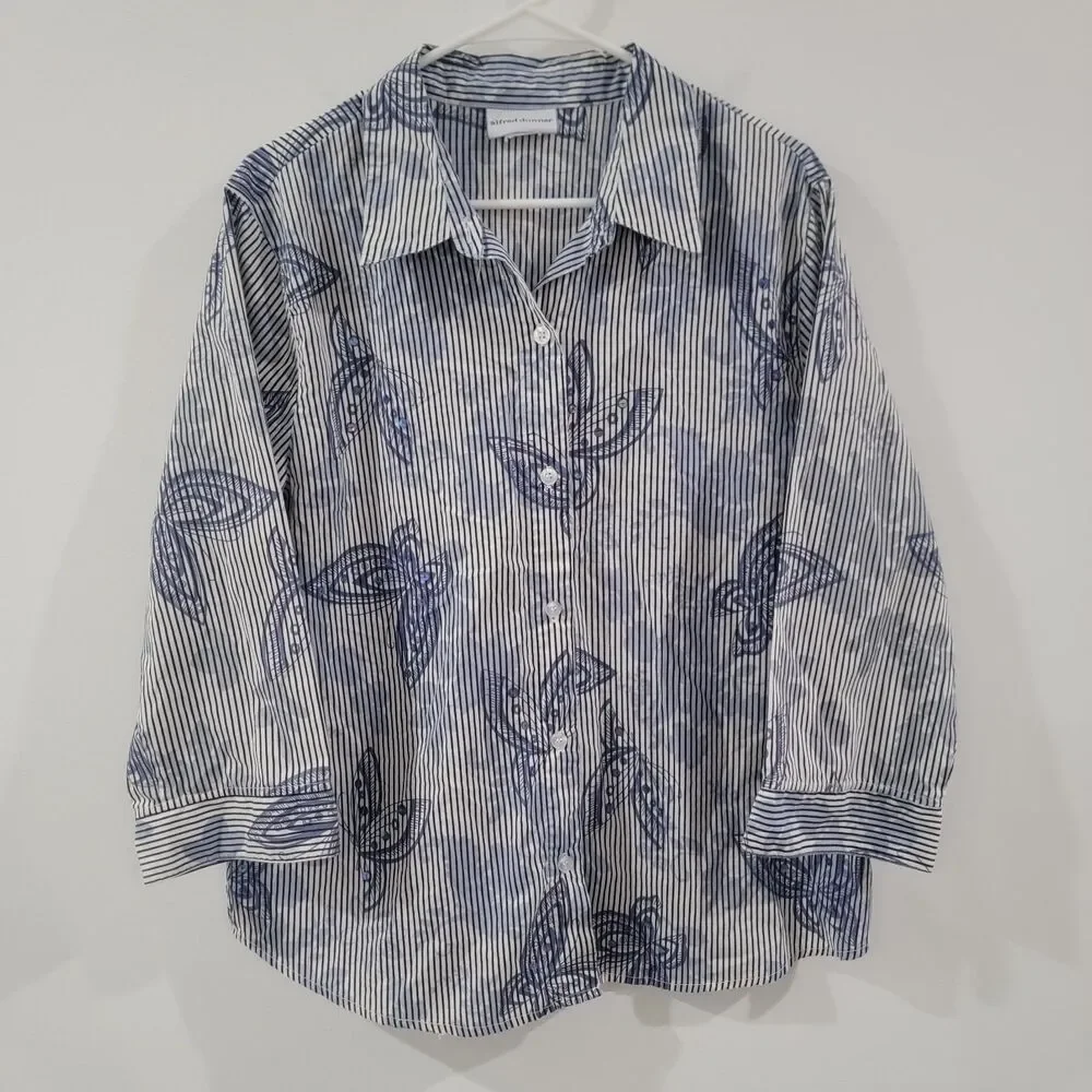 Alfred Dunner Womens Button Up Top Size XXL Striped Butterflies Sequin - Picture 1 of 7